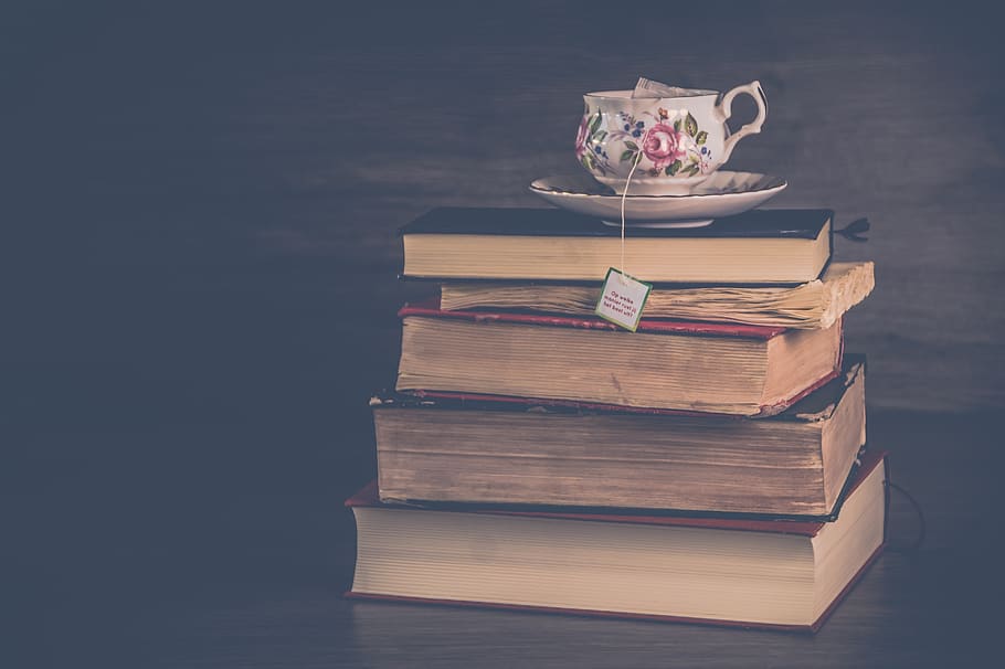 literature, library, knowledge, education, vintage, old, books, stack of books, tea, tea cup