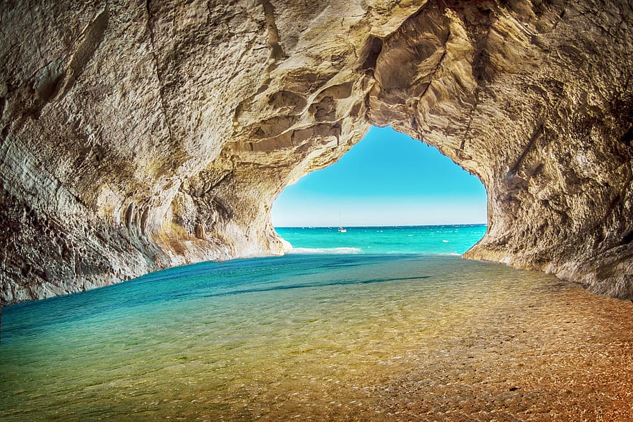 пляж, море, рок, вода, синий, пещера, лето, отдых, релаксация, арка