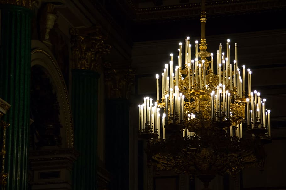 Chandeliers, black, burn, candle, candles, fire, flame, yellow, architecture, illuminated