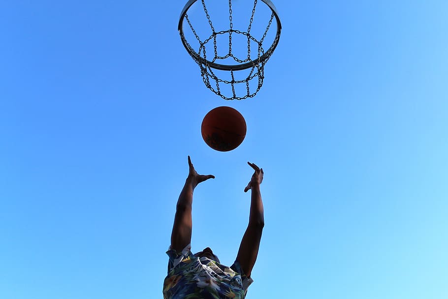 bola basket, bola, tembakan sudut rendah, olahraga, menang, atlet, langit, pemain, pelatihan, bermain