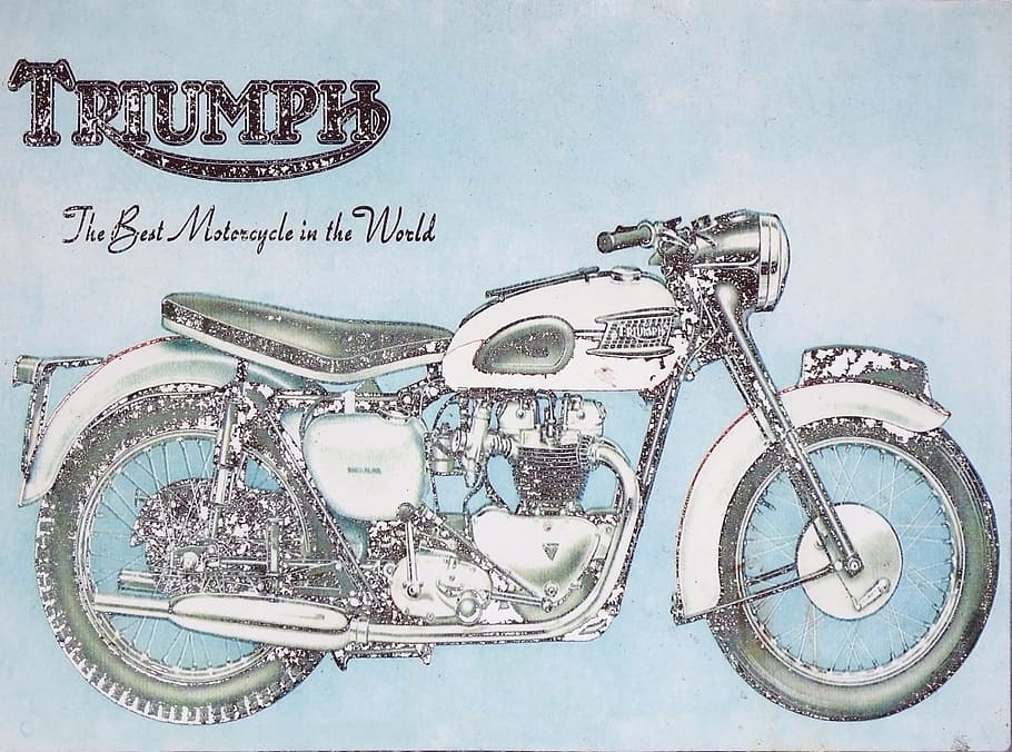 vintage, usado, placa de sinal de publicidade, marca triunfo, famoso, fabricante de motocicletas, -, uso editorial, triunfo, anúncio