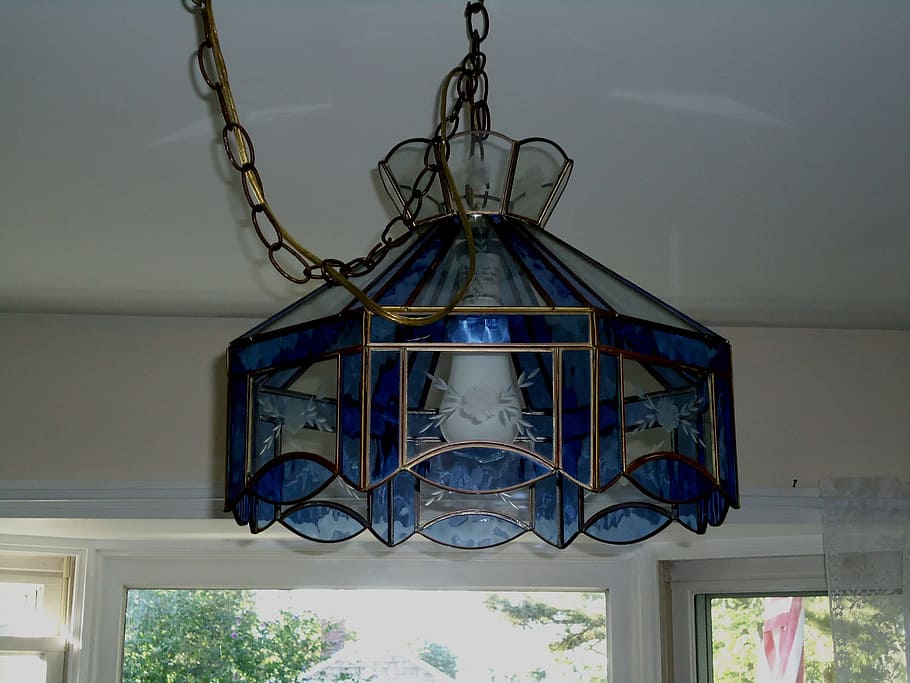 tiffany, lamp, shade, lampshade, blue, glass, stained, light, ceiling, architecture