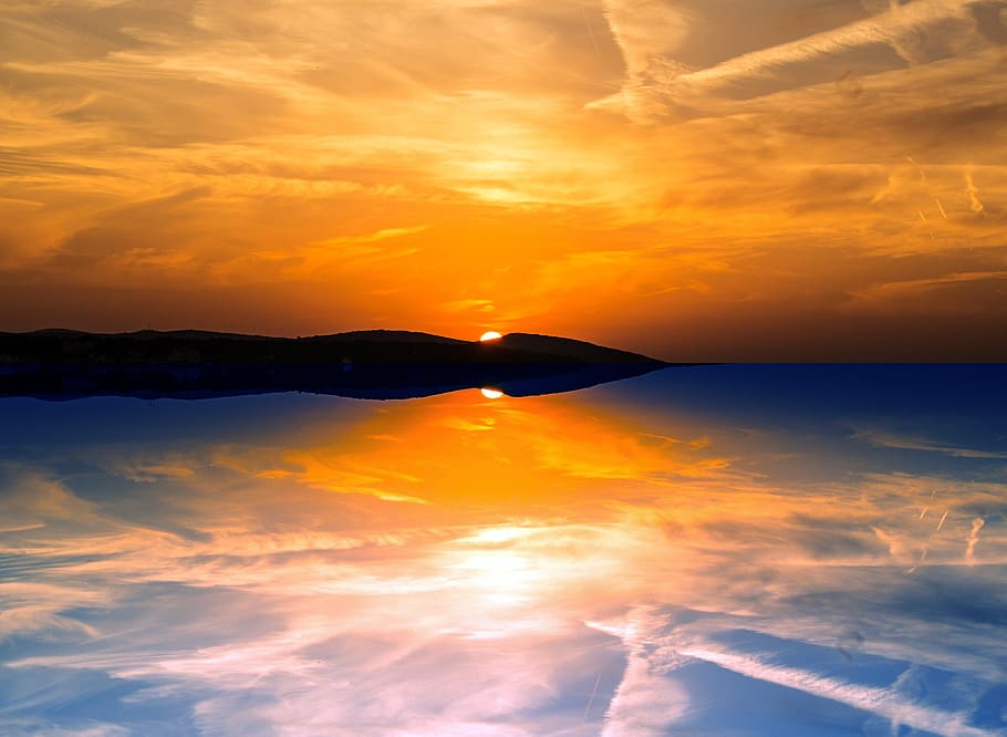 evening, reflection, sunset, sky, sea, clouds, twilight, summer, wave, mood