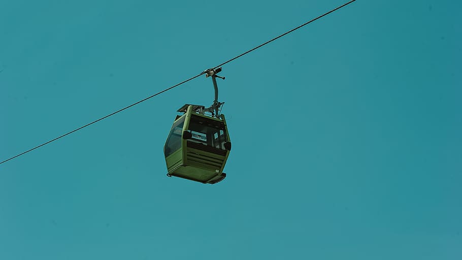 minimal, cable car, car, cable, aerial, sky, clear, outdoors, transport, mountain