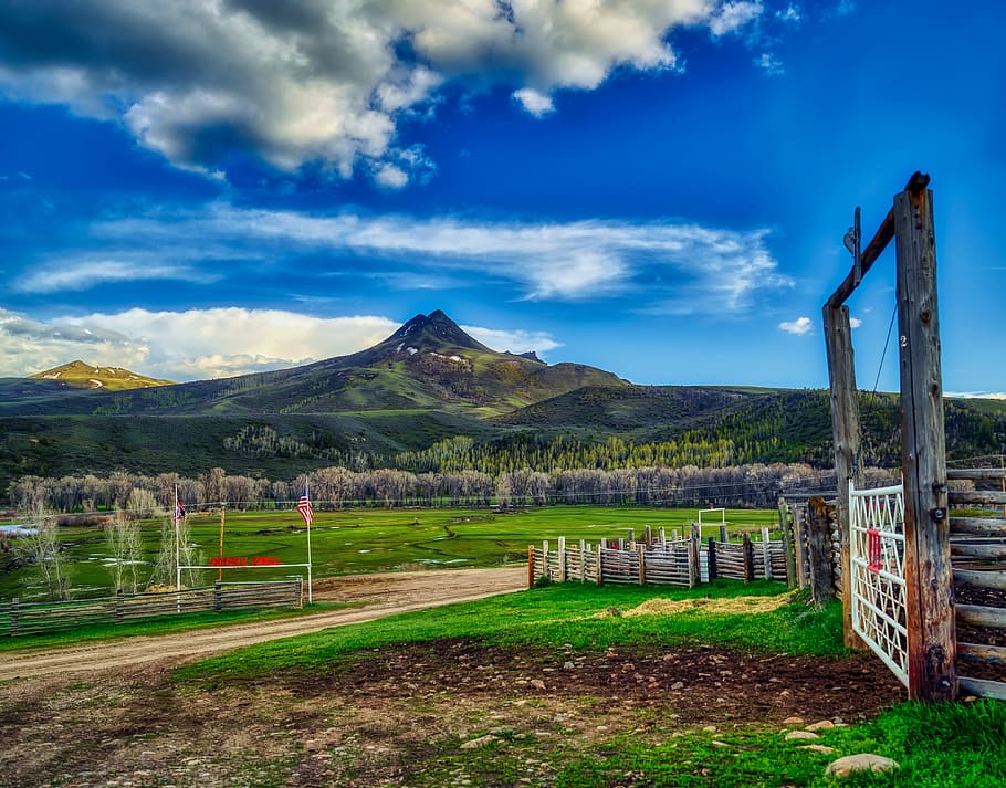 ranch, wyoming, america, hills, mountains, hdr, landscape, farm, gate, forest
