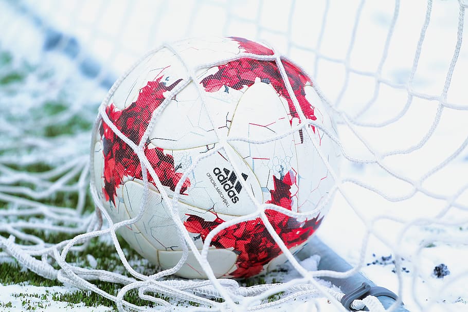 football, ball, playground, stadium, close-up, focus on foreground, winter, red, nature, snow