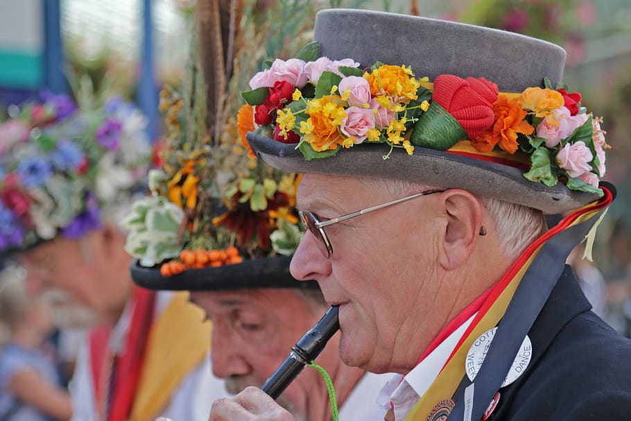 folk festival, morris dancers, folk musicians, morris men, floral hat, flower hat, flower, headshot, flowering plant, real people