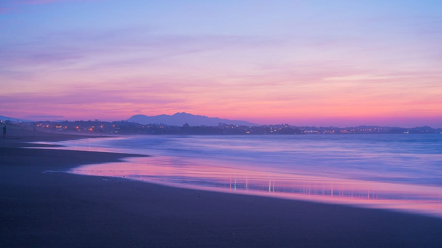 purple, beach, sunset, new zealand, sea, nature, water, landscape, sky, ocean