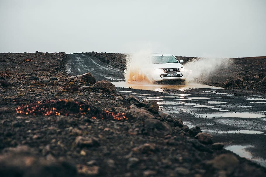 white, pick-up, truck puddle, splashing, muddy, road, drive, driving, highway, landscape