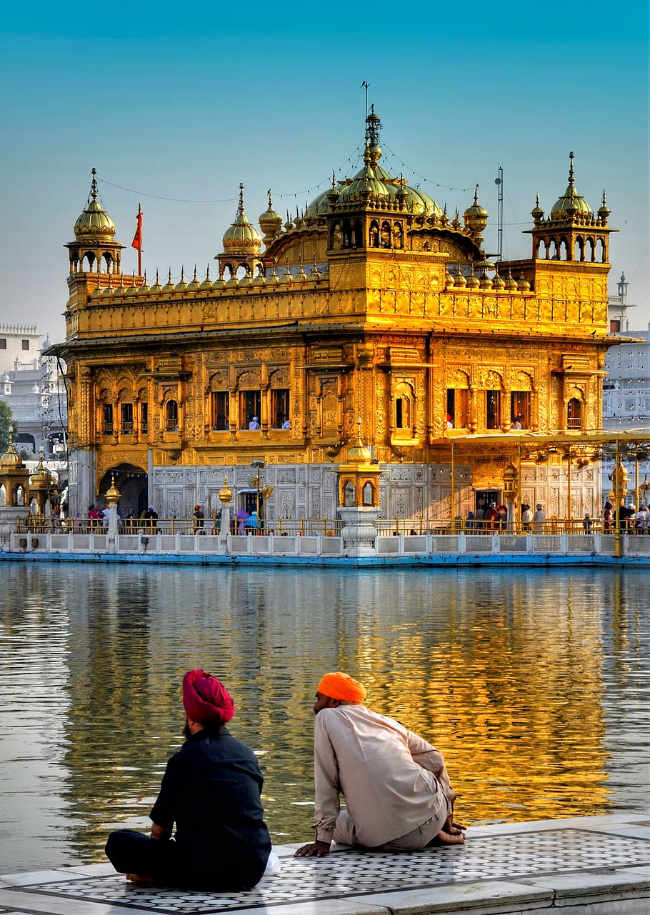 dorado, templo, amritsar, punjab, sikh, religión, sentado, agua, borde, ver