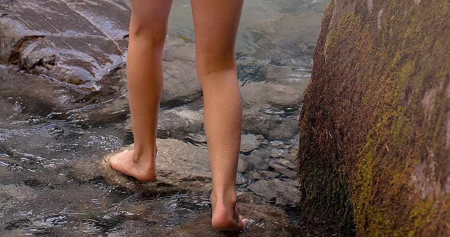 barefoot, walk, stream, water, running, body part, human leg, human body part, low section, one person