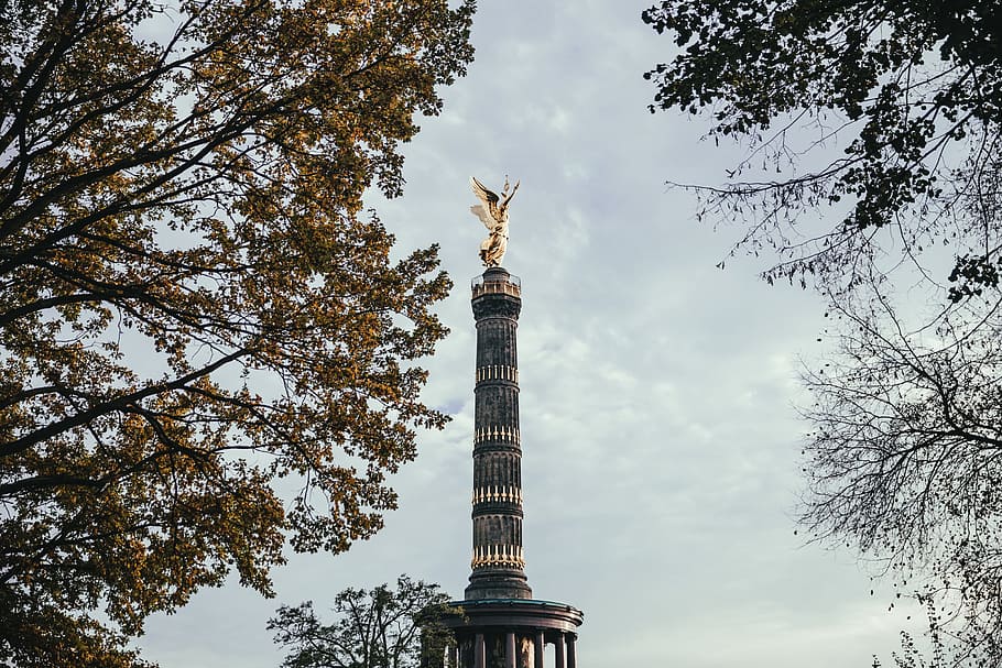 berlin victory column, trees, cloudy, day, architecture, capital, column, europe, garden, germany