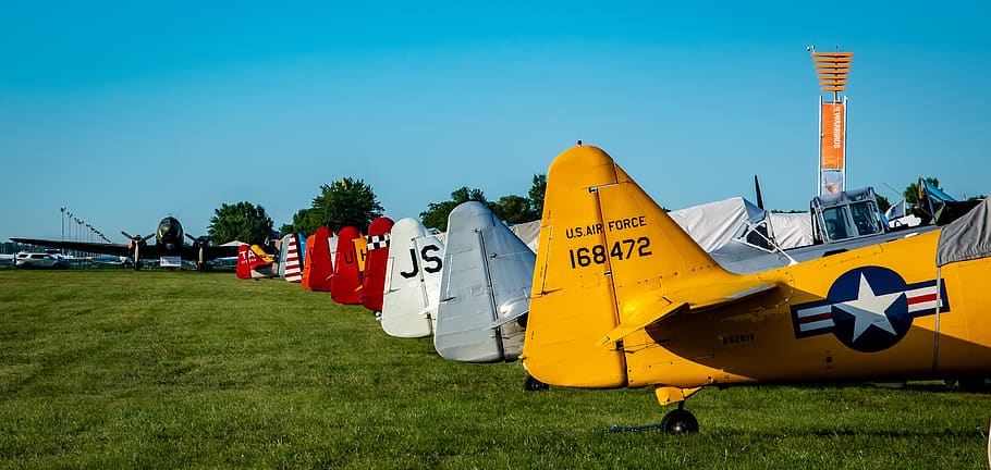 aircraft, airshow, military, aviation, ww2, grass, sky, yellow, nature, plant
