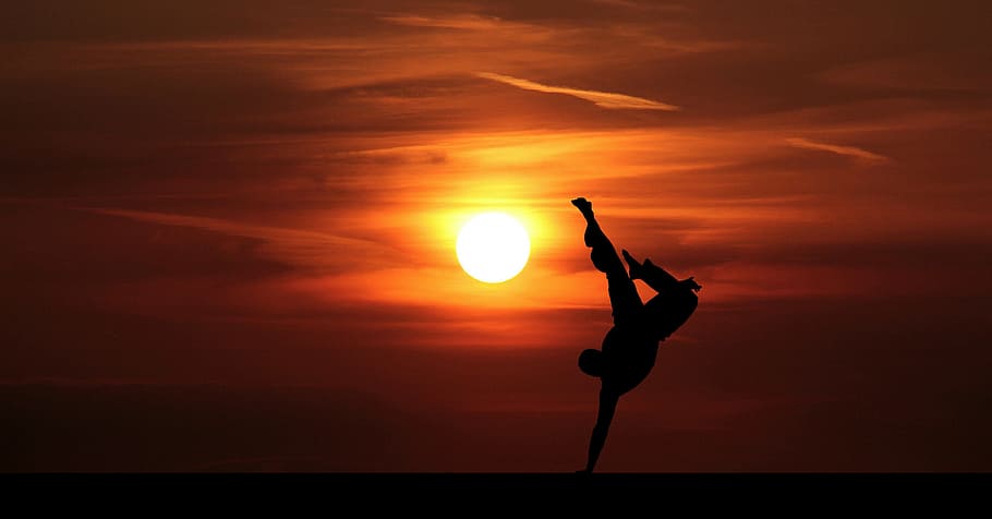 silhouette, martial, artist, handstand, orange, sunset., acrobat, sunset, active, adventure