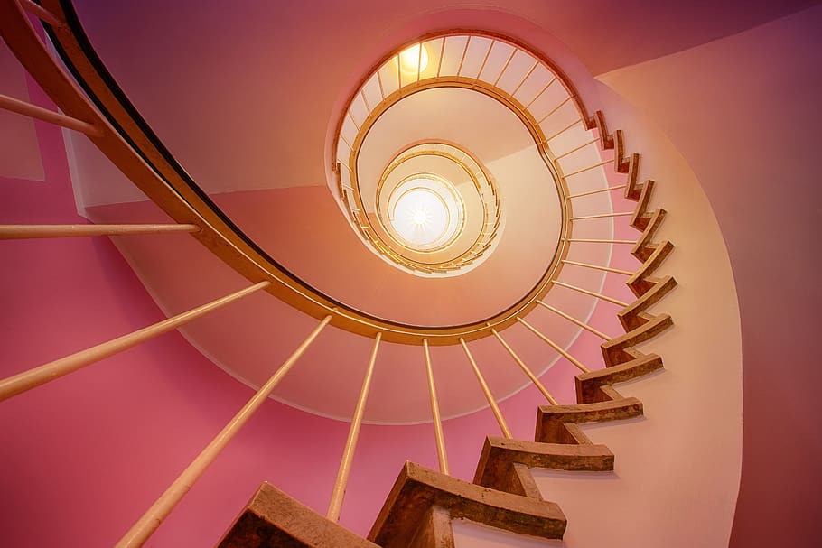 stairs, spiral, stair step, emergence, rise, staircase, light, upward, upgrade, pink