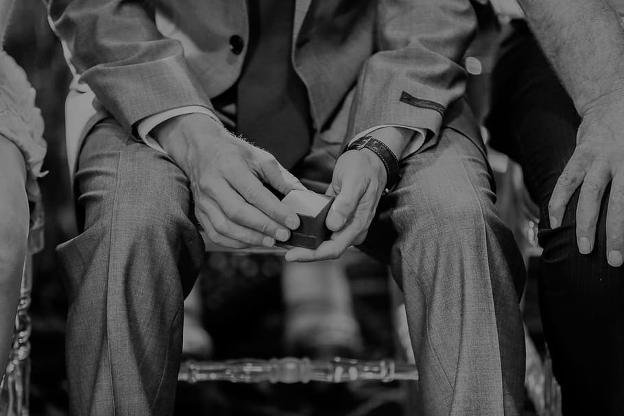 groom, wedding, marriage, wedding ring, suit, man, black and white, human hand, hand, human body part