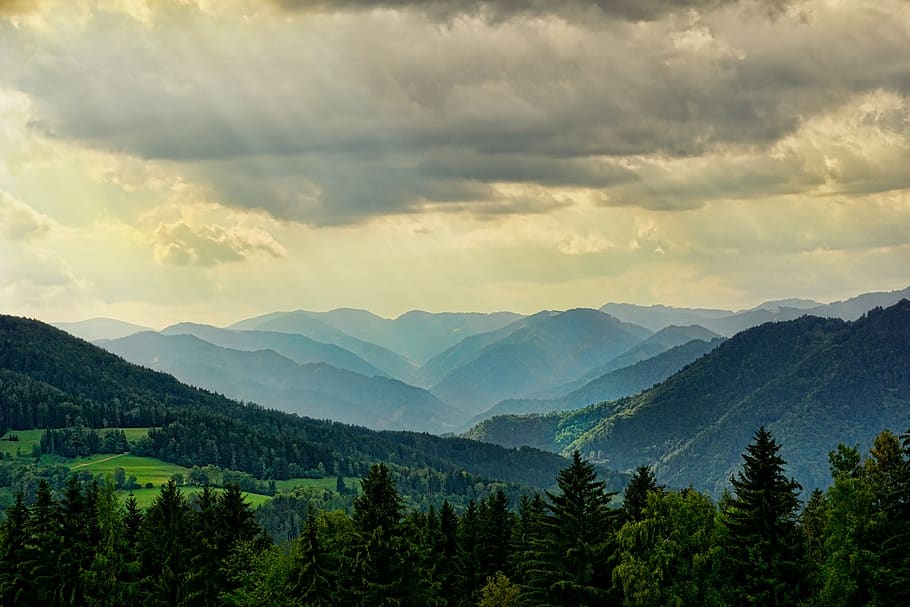 nature, landscape, mountains, sky, clouds, dramatic, forest, mood, panorama, idyllic