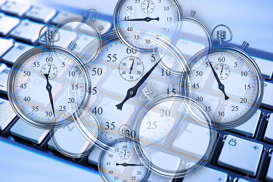 stopwatch, gears, keyboard, work, working time, time, management, time management, work processes, optimization