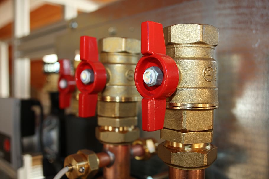 valve, brass, heating, pump, plumber, specialist, red, focus on foreground, close-up, indoors