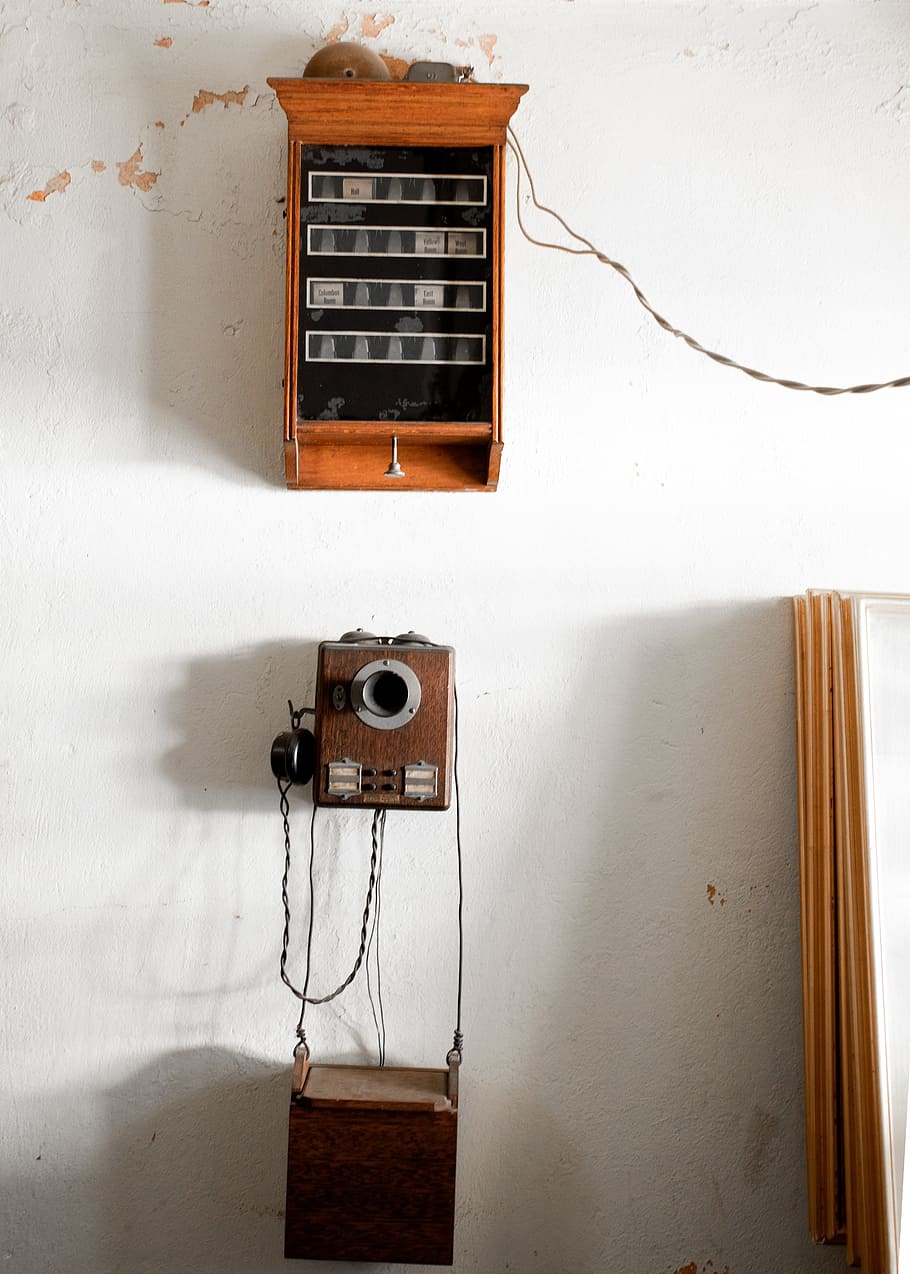 antiguo, teléfono, pared, telégrafo, tecnología, comunicación, rústico, vintage, auriculares, característica de construcción de muros