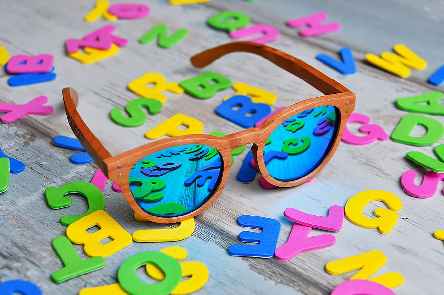 color, letters, specs, sunglasses, material, design, decoration, green, blue, yellow
