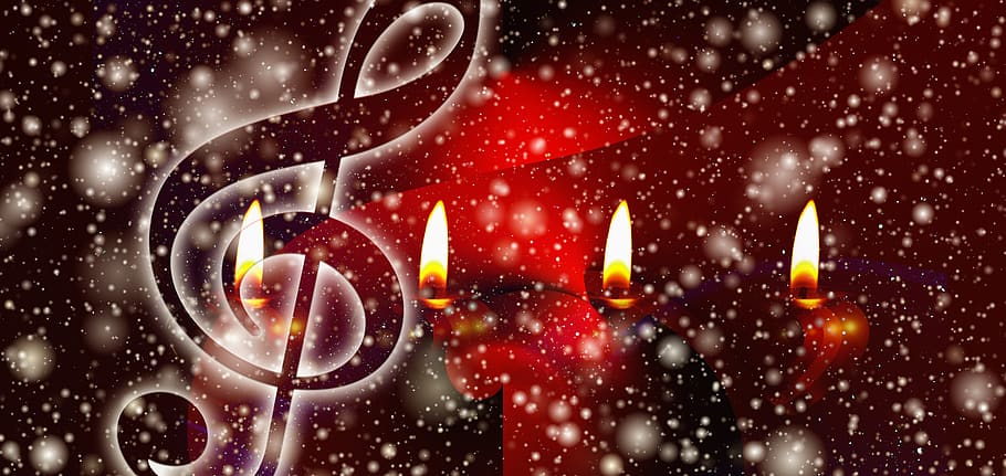 advent, sing, snow, songs, christmas, candles, light, clef, treble clef, candlelight