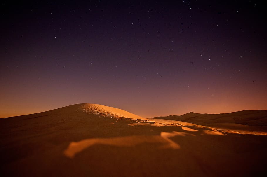 sahara, nightsky, stars, night, dune, desert, landscape, sand, sky, sunset