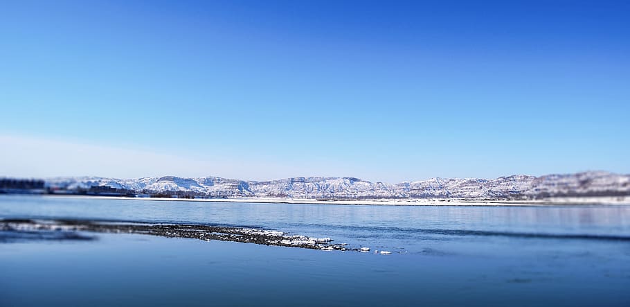blue, sky, landscape, mountains, nature, water, lake, river, snow, cold