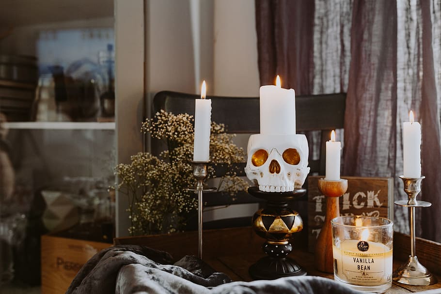 decoraciones de halloween, y, velas, otoño, calavera, halloween, horror, octubre, espeluznante, decorar
