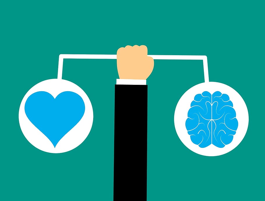 illustration, balance, head, heart, -, thinking, vs feeling, feeling., brain, brain icon