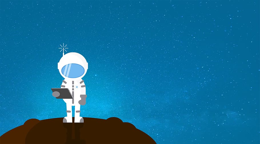 astronauta de desenhos animados, comunicando-se, astronauta, desenho animado, terra, exploração, lua, espaço, galáxia, capacete