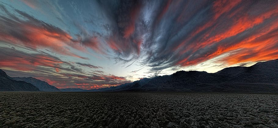 valle de la muerte, cielo, nubes, panorama, california, paisaje, puesta de sol, resplandor crepuscular, crepúsculo, rojo