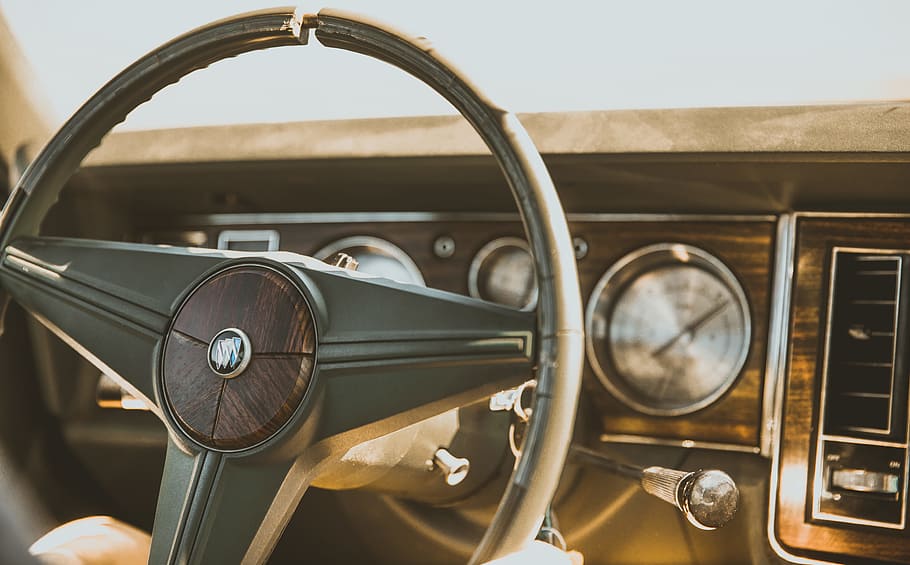 vintage, old, classic, car, steering wheel, dashboard, dash, wheel, buick, steer