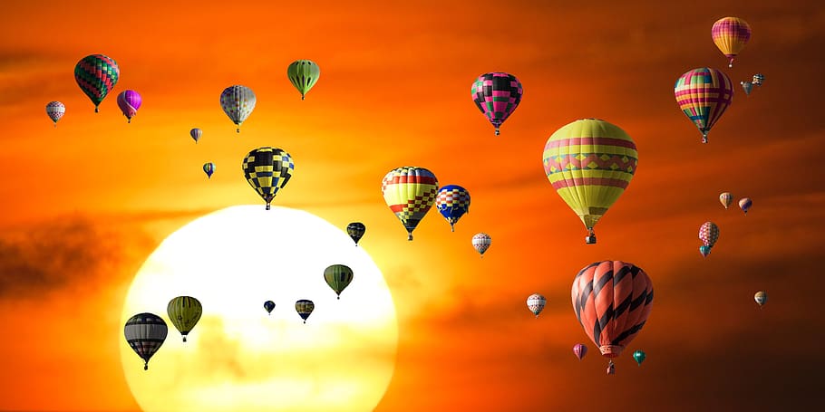viagens, férias, aventura, balão, passeio de balão de ar quente, dom, grupo-alvo, sol, sol da tarde, pôr do sol