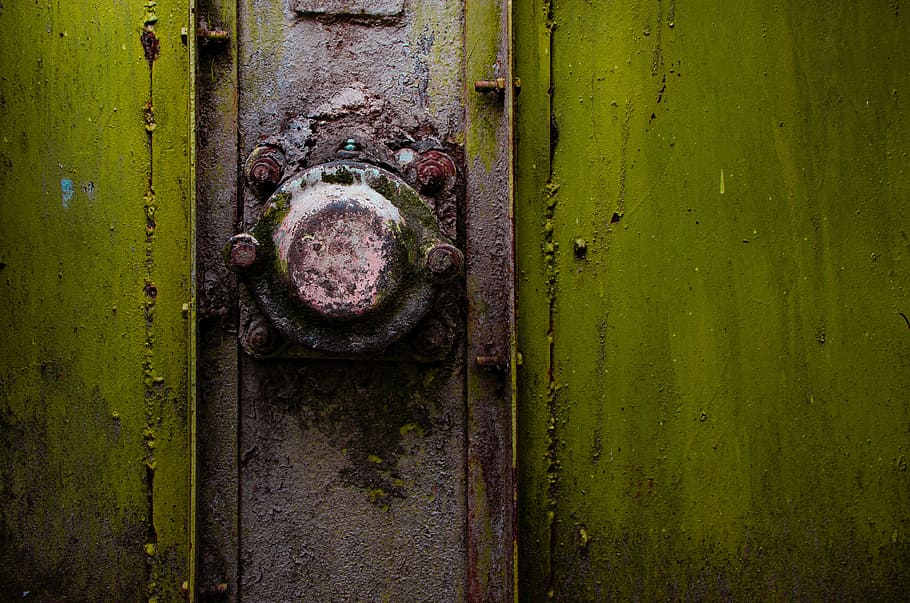 viejo, óxido, puerta, cerradura, verde, pintura, acero, metal, oxidado, antiguo