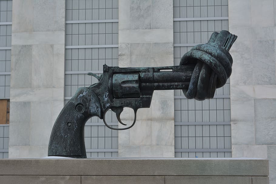 arma, naciones unidas, violencia, nueva york, escultura, arma de fuego, miedo, advertencia, protesta, representación