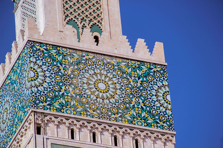 arabesque, mosque, casablanca, morocco, architecture, built structure, building exterior, low angle view, building, blue