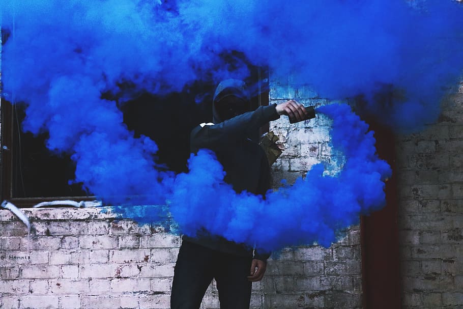 man, blue, flare, people, mood, moody, smoke, smoke - physical structure, one person, young adult