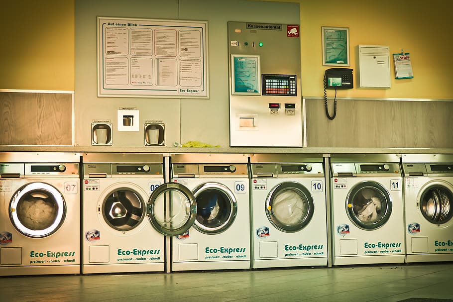 launderette, washing machines, wash, laundry, clothing, dry, dry laundry, washed, washing drum, device