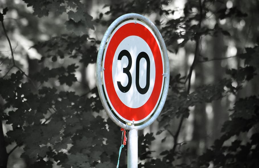 zona 30, señal de tráfico, precaución, 30, señal de calle, limitación de velocidad, nota, carretera, zona de tráfico limitado, señales de prohibición