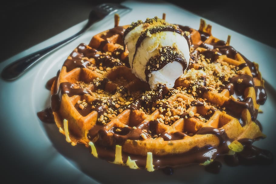 waffle, ice cream, dessert, sweet, food, delicious, chocolate, sugar, food and drink, freshness