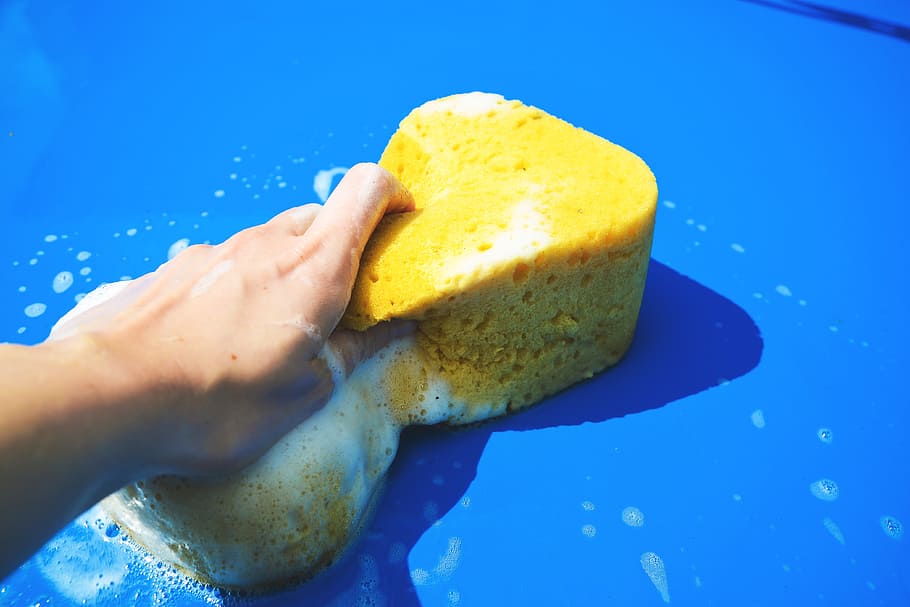 washing, car, sponge, various, clean, cleaning, blue, human hand, hand, human body part