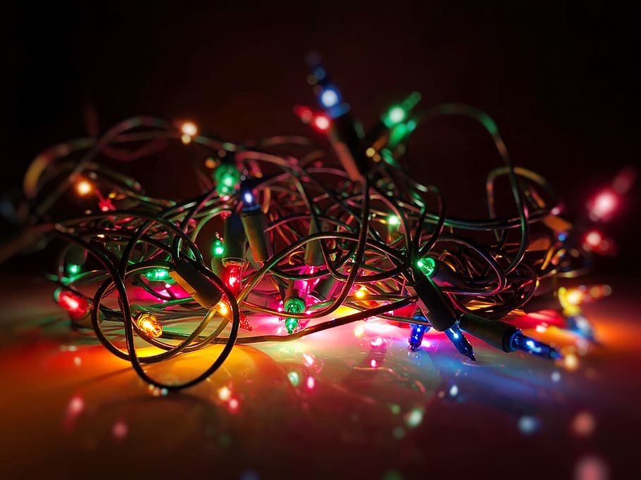 natal, luzes, decoração, emaranhado, sazonal, multi colorido, celebração, iluminado, foco seletivo, decoração de natal