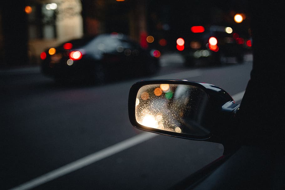 side mirror, car, vehicle, road, trip, travel, dark, bokeh, light, motor vehicle
