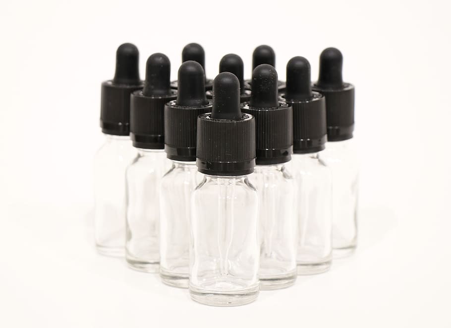 clear, glass, dropper, bottles, 15 ml, studio shot, indoors, cut out, white background, close-up