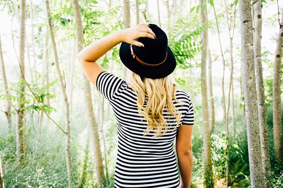 girl, woman, model, fashion, fedora, hat, stripes, forest, woods, trees