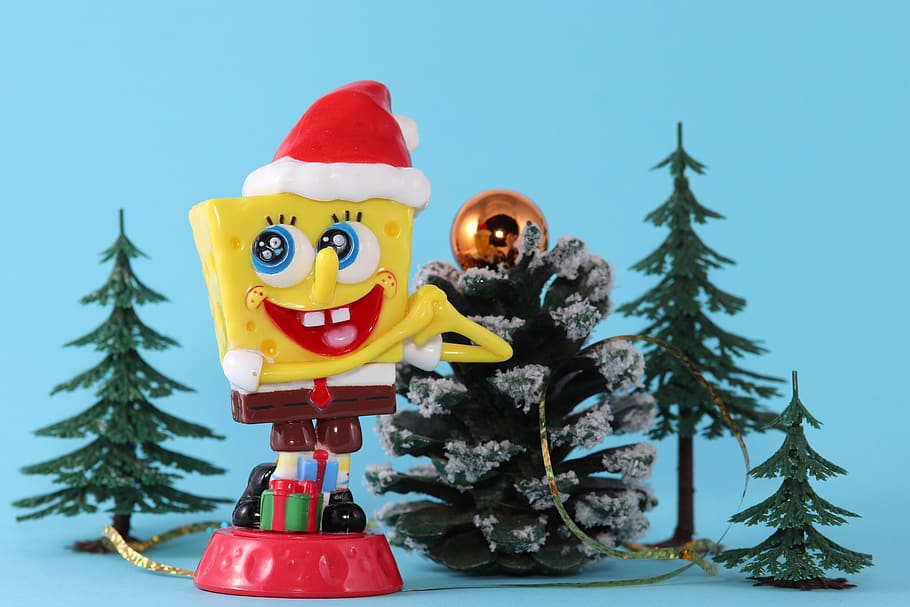 spongebob, sponge head, christmas, paid, santa hat, nicholas, celebration, celebrate, red, yellow
