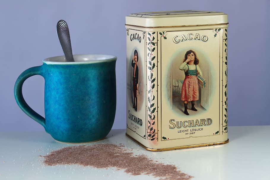 cocoa, hot drink, soluble, cup, tin can, old, antique, powder, name is, chocolate