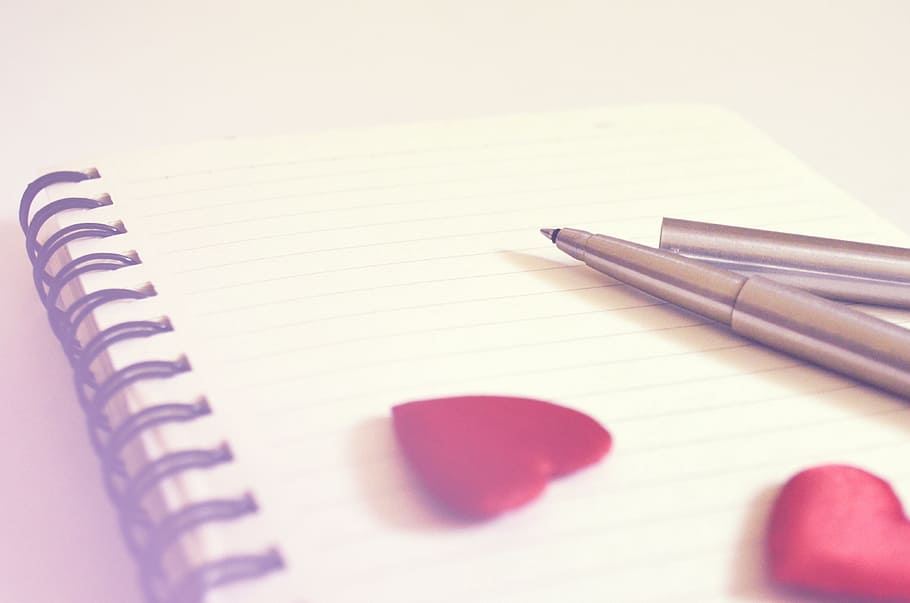 buku catatan dan pena, jujur, konsep, kreatif, ide, waktu luang, cinta, catatan, valentine, buku catatan spiral