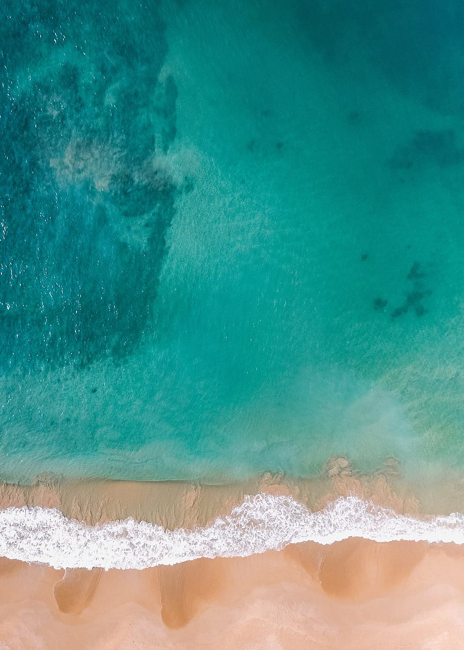 overhead, drone, beach, sand, ocean, sea, water, green, blue, golden sand